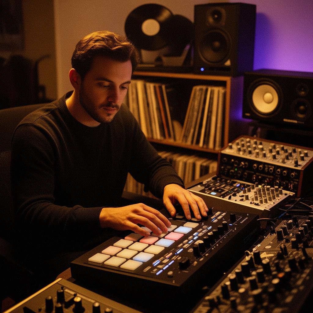 A producer crafting an instrumental on an MPC in a warm home studio